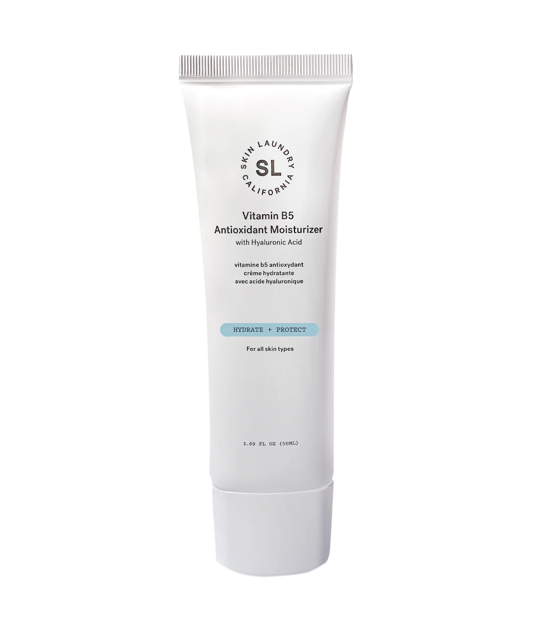A white tube of Skin Laundry Vitamin B5 Antioxidant Moisturizer with Hyaluronic Acid, featuring the brand logo and product name, with text "HYDRATE + PROTECT" and "For all skin types." The tube is shown upright against a white background.